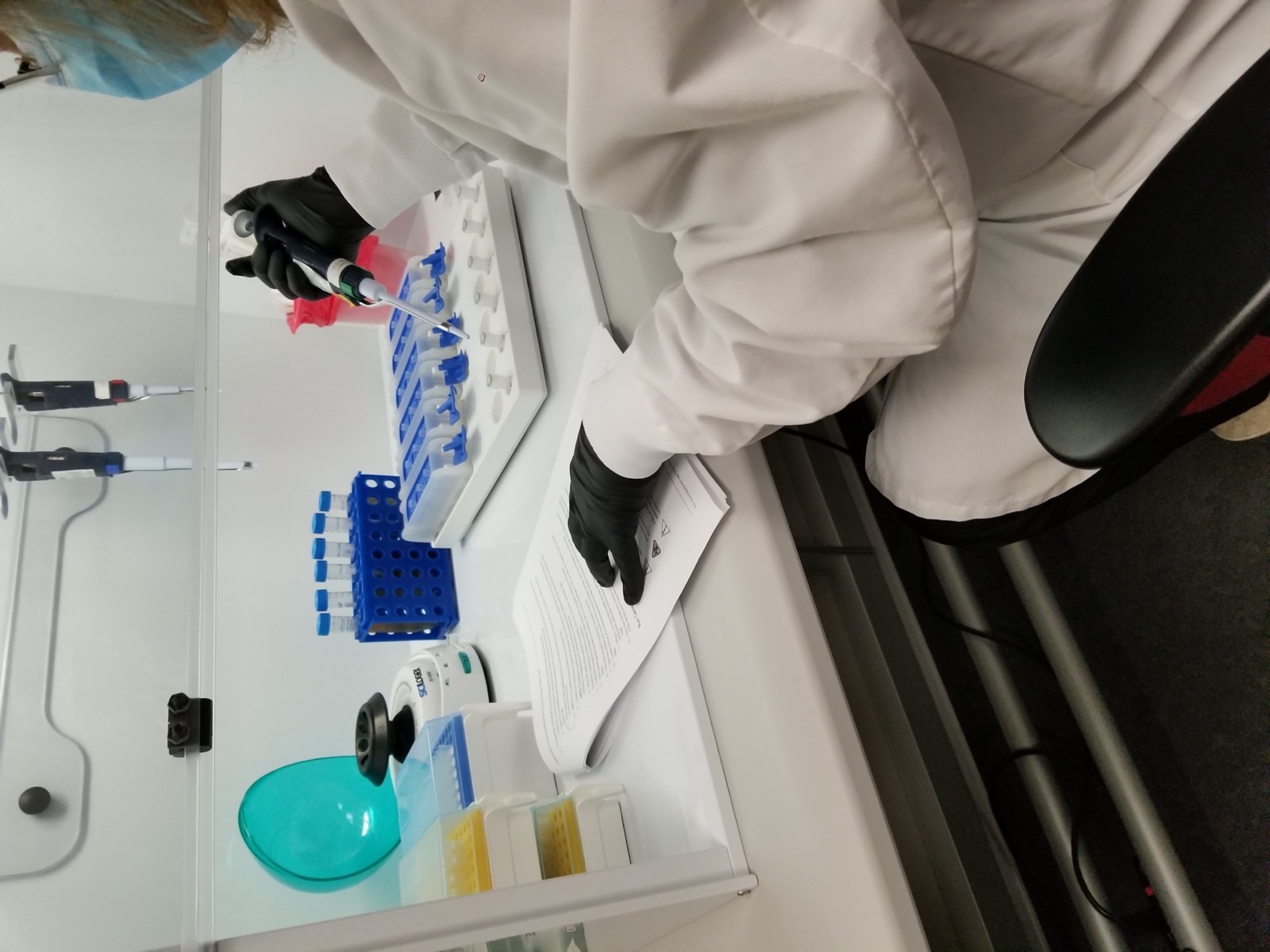 Simulated use workspace with pipetting tasks and protocol documentation